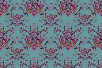 Seamless pattern with interesting doodles on colorfil background. Pano. Raster illustration.