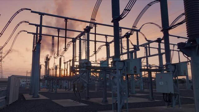 Electrical substation at sunset