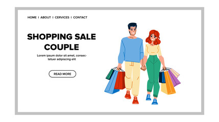 shopping sale couple vector. man woman fun, retail shop, happy family shopping sale couple web flat cartoon illustration