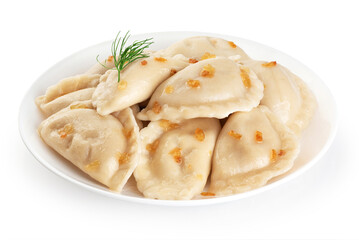 Dumplings with fried onions isolated on white background. Varenyky, vareniki, pierogi, pyrohy with...