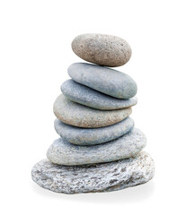 Fototapeta na wymiar Balanced stones. Pile of stones isolated on white background. Pyramid of sea pebbles. Zen stones. Life balance, meditation, spa, calmness, harmony concept