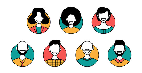 Avatar collection. Bundle of different people avatars. Male and female characters faces. Smiling young men and women. Vector illustration in flat line cartoon style