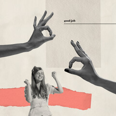 Contemporary art collage. Happy and cheerful woman celebrating successful job. Hands showing...