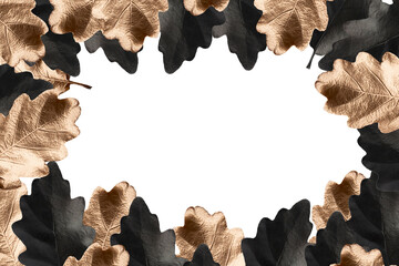 black and gold hand painted oak leaves border frame on a white isolated background with copy space
