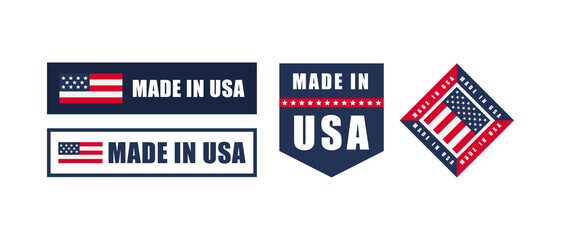 Made in USA label set. Made in USA stamp. Big set of label, stickers, pointer, badge, symbol and page curl with American flag icon on design element.