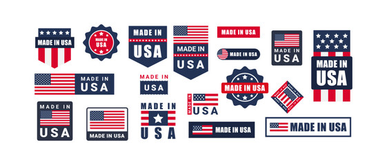Made in USA label set. Made in USA stamp. Big set of label, stickers, pointer, badge, symbol and page curl with American flag icon on design element.