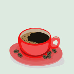 Red cup of coffee on red saucer with coffee beans on white background. Vector illustration
