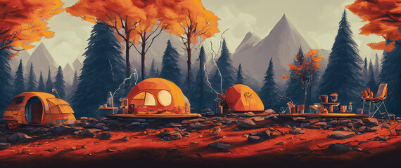 Artistic concept painting of a beautiful camping outdoor, background illustration.3d illustration.