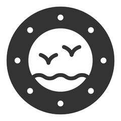 Porthole from the cabin, waves and seagulls - icon, illustration on white background, glyph style