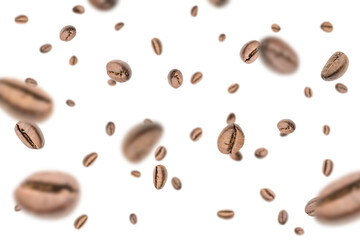 Coffee falling bean background. Black espresso coffee bean flying on white. Aromatic grain fall isolated. Represent breakfast for energy and freshness concept. - obrazy, fototapety, plakaty