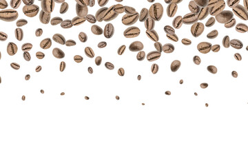 Coffee beans fall background. Black espresso coffee bean falling. Aromatic grain flying isolated on white. Concept for coffee product advertising.