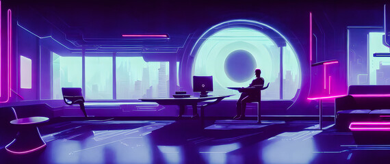 Artistic concept painting of a beautiful home cyberpunk interior, background illustration.3d illustration.