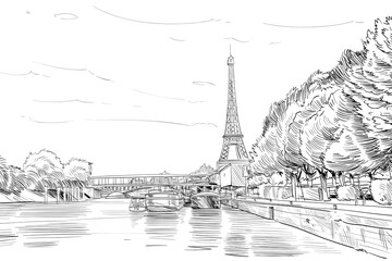 View of the bridge Le Pont de Bir-Hakeim and the Eiffel Tower. River Seine.  Paris, France. Urban sketch. Hand drawn vector illustration - 529184544