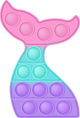 Popit figure mermaid tail as a fashionable silicon toy for fidgets. Addictive anti stress toy in pastel colors. Bubble anxiety developing vibrant pop it toys for kids. PNG illustration isolated