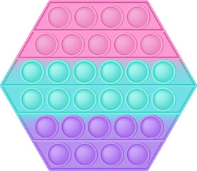 Popit figure hexagon as a fashionable silicon toy for fidgets. Addictive anti stress toy in pastel colors. Bubble anxiety developing vibrant pop it toys for kids. PNG illustration isolated