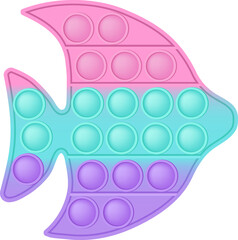 Popit figure fish as a fashionable silicon toy for fidgets. Addictive anti stress toy in pastel colors. Bubble anxiety developing vibrant pop it toys for kids. PNG illustration isolated