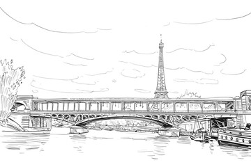 View of the bridge Le Pont de Bir-Hakeim and the Eiffel Tower. River Seine.  Paris, France. Urban sketch. Hand drawn vector illustration - 529184907