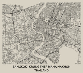 Fototapeta premium Bangkok/Krung Thep Maha Nakhon (Central Thailand) street map outline for poster.
