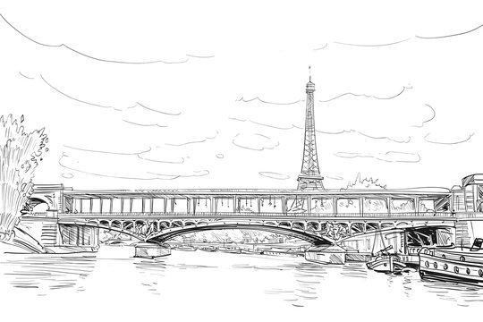 View of the bridge Le Pont de Bir-Hakeim and the Eiffel Tower. River Seine.  Paris, France. Urban sketch. Hand drawn vector illustration