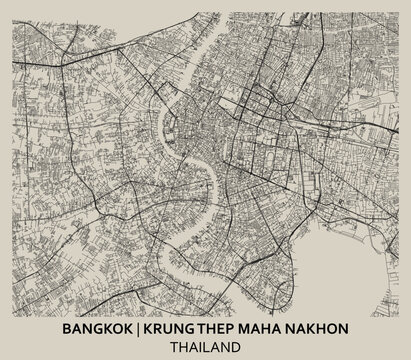 Bangkok/Krung Thep Maha Nakhon (Central Thailand) street map outline for poster.