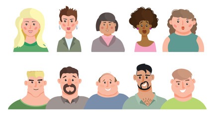 Cartoon men an women portraits set. Male and female various age people icons collection.Vector illustrations.