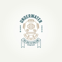 vintage underwater diving club classic line art icon logo template vector illustration design. retro antique diving helmet logo concept