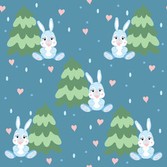 Obraz premium The year of the rabbit according to the Chinese calendar is 2023. Vector seamless pattern of a toy pink and brown rabbit, green firs, snowflakes. Handmade drawings for a poster, postcard 