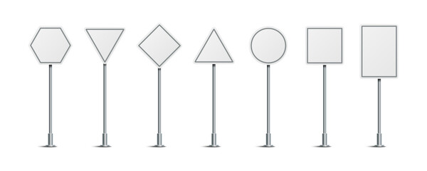 Vector illustration of blank road signs isolated on white background. Set of traffic signs with place for text. Collection of realistic white traffic control signs on metal poles. 
