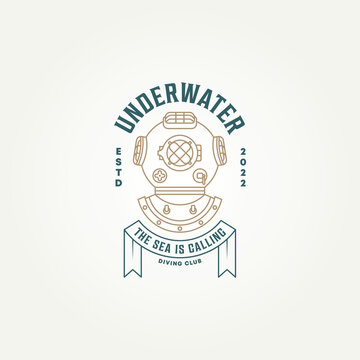 vintage underwater diving club classic line art icon logo template vector illustration design. retro antique diving helmet logo concept