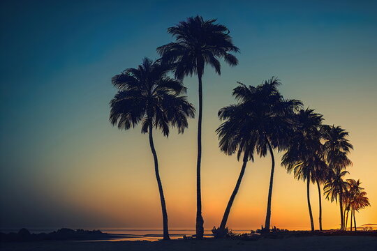 palm trees on the beach at sunset, peaceful calm nature background