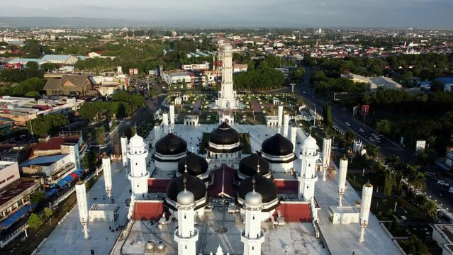 Drone Aerial View of Baiturrahman Grand Mosque in Banda Aceh, Indonesia