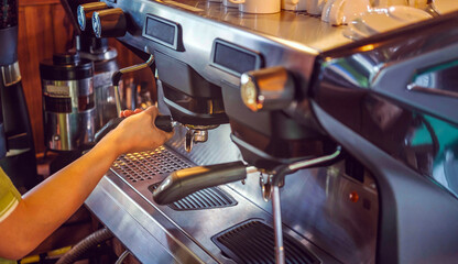 Close-up of banner size of barista working makeing coffee with coffee machine