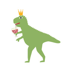 Vector illustration with king dinosaur holding wineglass with sequin elements. Funny typography poster with t-rex, print design.
