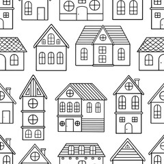 Seamless pattern of doodle houses. Great for fabric, textile vector illustration