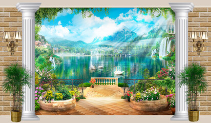 Wallpaper on the wall, landscape lake with a swan. Photo wallpapers. The fresco.