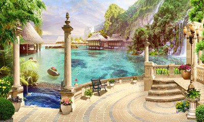 Digital illustration, sea view, rocky waterfall and bungalow. Photo wallpapers. Mural on the wall.