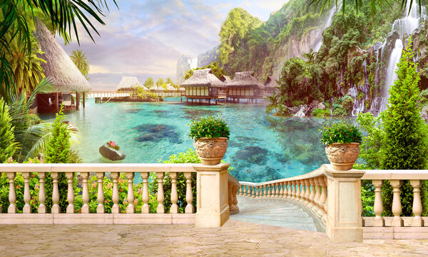 The terrace overlooks a beautiful view, a seascape with a mountain waterfall and a bungalow in the Maldives. Photo wallpapers. Mural on the wall.