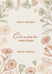 Calendula vertical packaging design with hand drawn elements. Vector illustration in sketch style