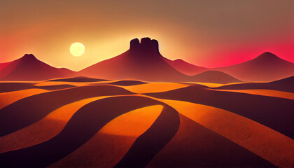 Fototapeta na wymiar An Illustration of an orange desert with the sun setting at the horizon