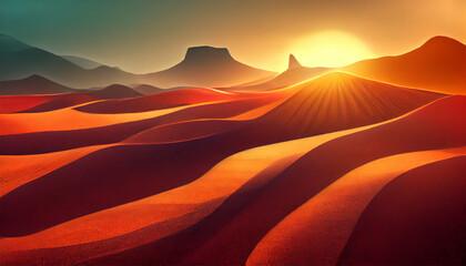 Fototapeta na wymiar An Illustration of an orange desert with the sun setting at the horizon