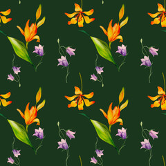 A pattern of lilies and bluebells. Watercolor illustration. Textile. Botanical illustration