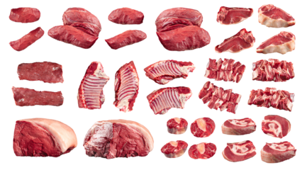 Collage of isolated raw beef meat pieces
