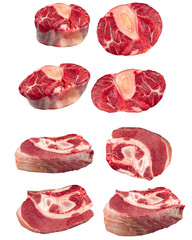 Collage of isolated raw beef meat pieces