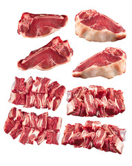 Collage of isolated raw beef meat pieces
