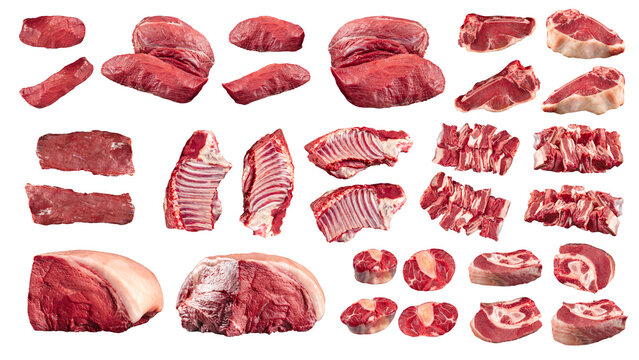 Collage of isolated raw beef meat pieces