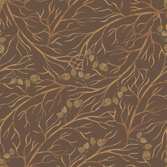 Dry branches and cones. Intertwined tree branches. Tree seamless pattern. Watercolor pattern in shades of brown.