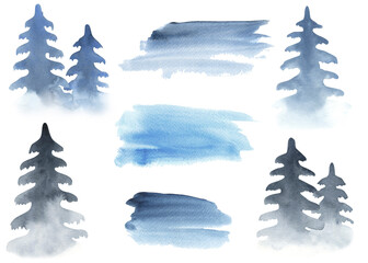 Watercolor stains and spruces. Blue trees and gradient spots.