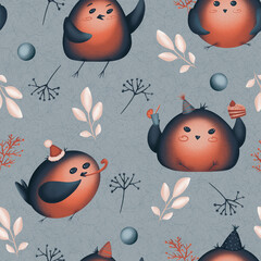 Snowbirds and plants. Holiday birds in hubcaps. Winter branches of flowers. Seamless digital pattern on gray background. I