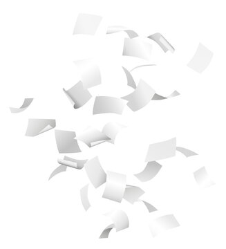 Sheets of white flying papers in the air isolated on transparent background