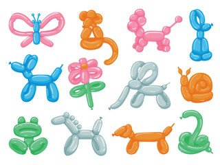 Balloon animals. Cartoon round toy animals, cute party decoration, various snake monkey horse dog colorful balloons. Vector children toy pet sculpture set